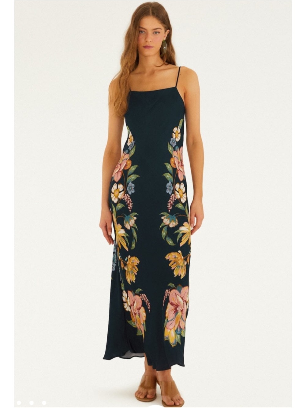 FARM RIO | Maira Floral-Print Square Neck Satin Maxi Slip Dress in Navy, Size XS